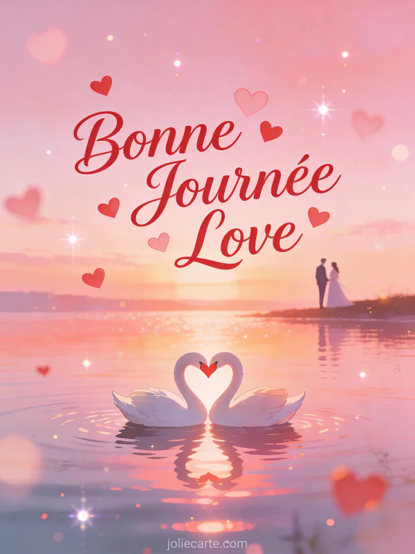 Deux cygnes formant un cœur sur un lac au coucher du soleil rose avec le texte Bonne Journée Love