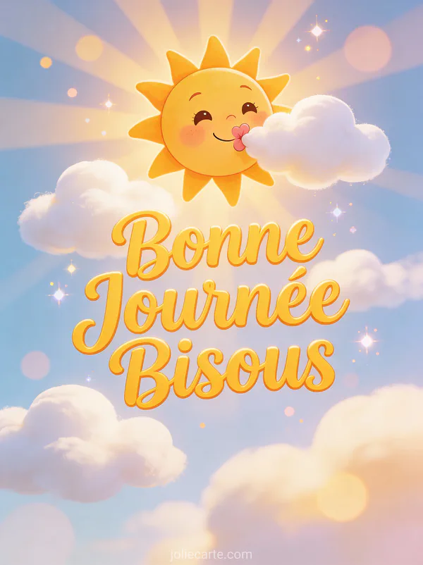 Soleil cartoon souriant envoyant des bisous dans un ciel avec nuages et le texte Bonne Journée Bisous