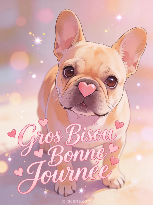 Bouledogue français avec regard amoureux et cœurs flottants avec le texte Gros Bisou Bonne Journée