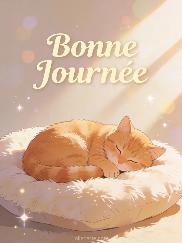 Chat roux dormant en boule sur un coussin douillet avec rayons de soleil et le texte Bonne Journée
