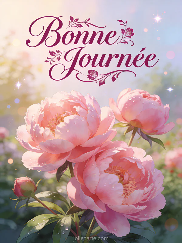 Pivoines roses épanouies avec gouttes de rosée dans un jardin romantique et le texte Bonne Journée