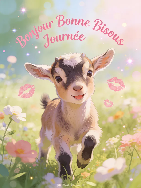 Chevreau nain dans une prairie fleurie au printemps avec expression joyeuse et le texte Bonjour Bonne Journée Bisous