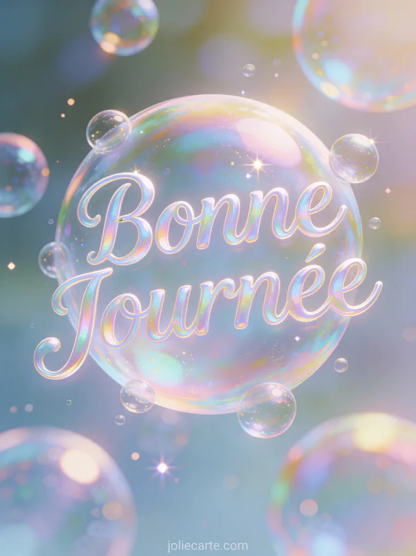 Bulles de savon irisées flottant avec reflets arc-en-ciel dans atmosphère féérique et le texte Bonne Journée