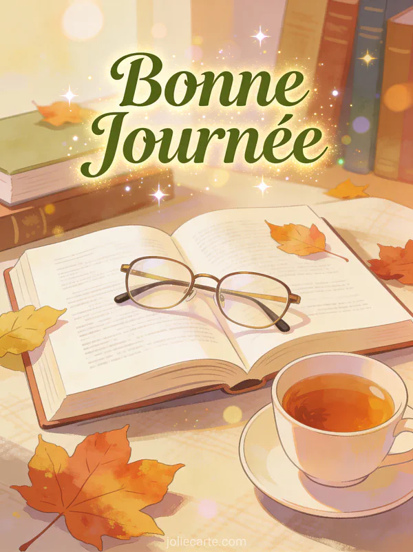 Livre ouvert avec lunettes de lecture feuilles d'automne et thé chaud avec le texte Bonne Journée