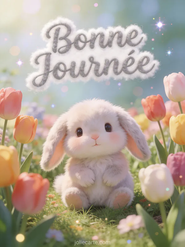 Lapin duveteux aux oreilles tombantes dans un jardin de tulipes colorées avec le texte Bonne Journée