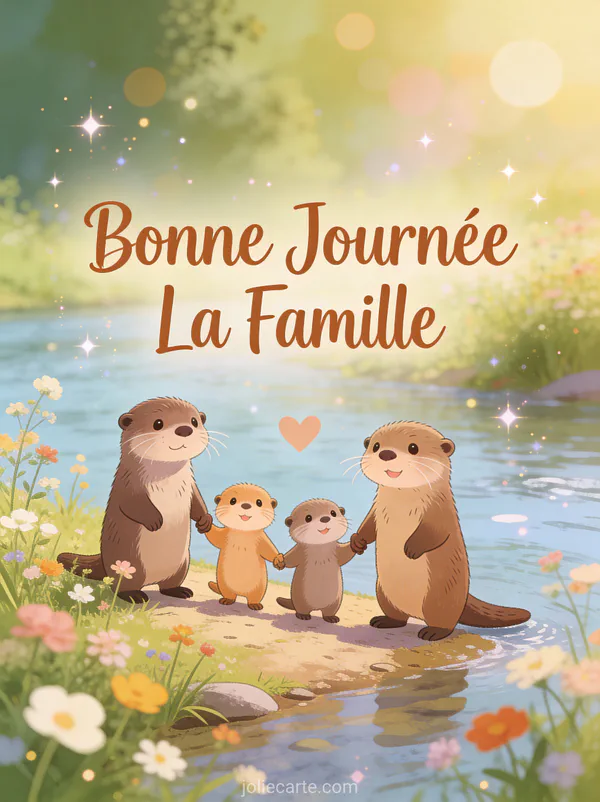Famille de loutres cartoon se tenant par la main au bord de la rivière avec fleurs sauvages et le texte Bonne Journée La Famille