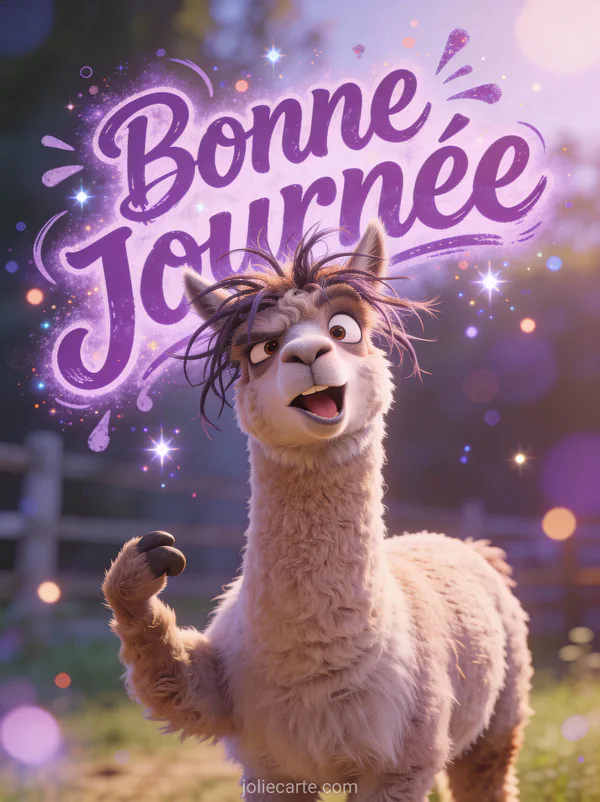 Alpaga au poil hirsute faisant une grimace comique avec le texte Bonne Journée