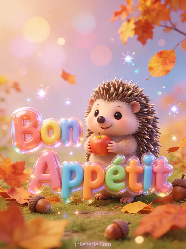 Hérisson cartoon mignon tenant une petite pomme entouré de feuilles d'automne et glands style 3D avec texte Bon Appétit