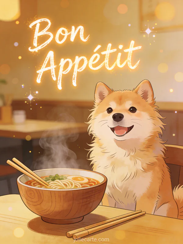 Chien Shiba Inu heureux assis à côté d'un bol de ramen fumant avec baguettes dans un restaurant japonais cosy avec texte Bon Appétit