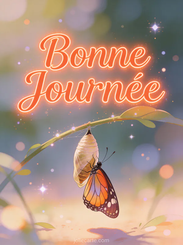 Papillon émergeant de son cocon symbole de transformation avec le texte Bonne Journée