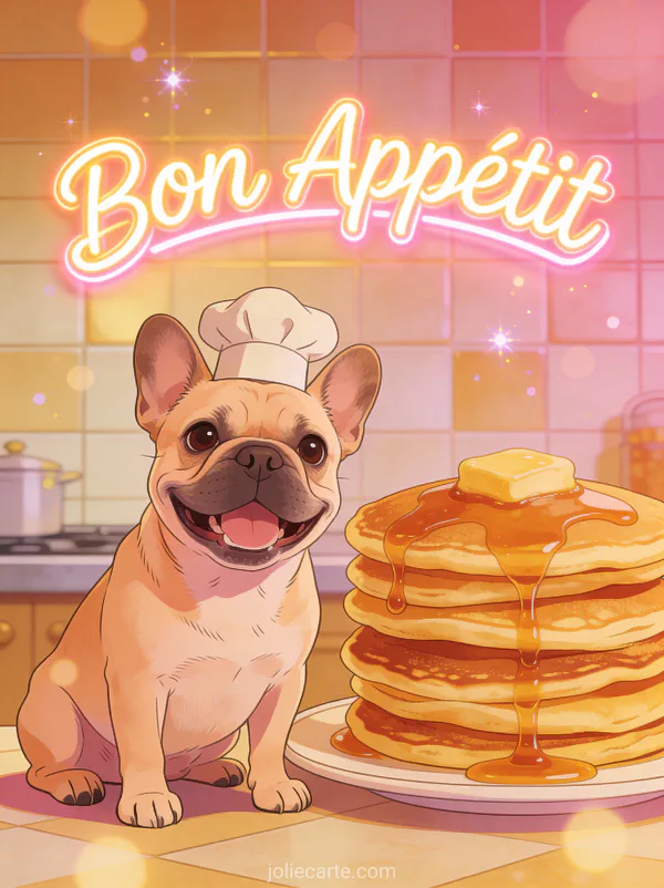 Bouledogue français avec toque de chef à côté de pancakes dorés avec sirop d'érable dans une cuisine rétro avec texte Bon Appétit néon