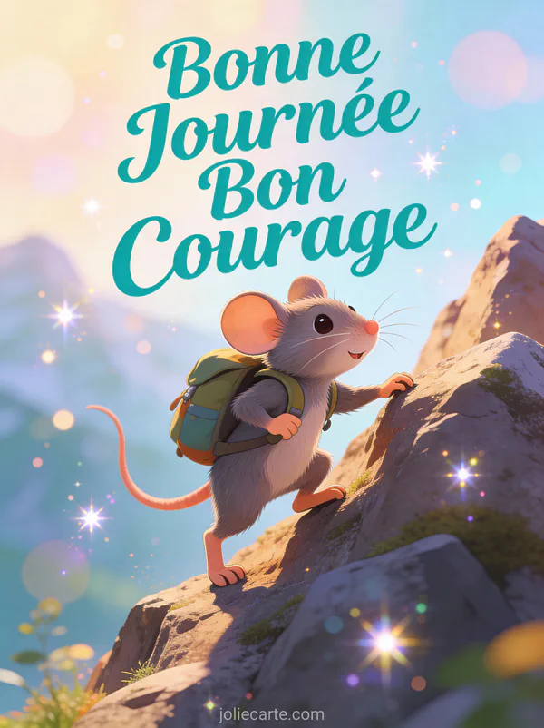 Souris cartoon avec sac à dos grimpant une montagne avec détermination et le texte Bonne Journée Bon Courage