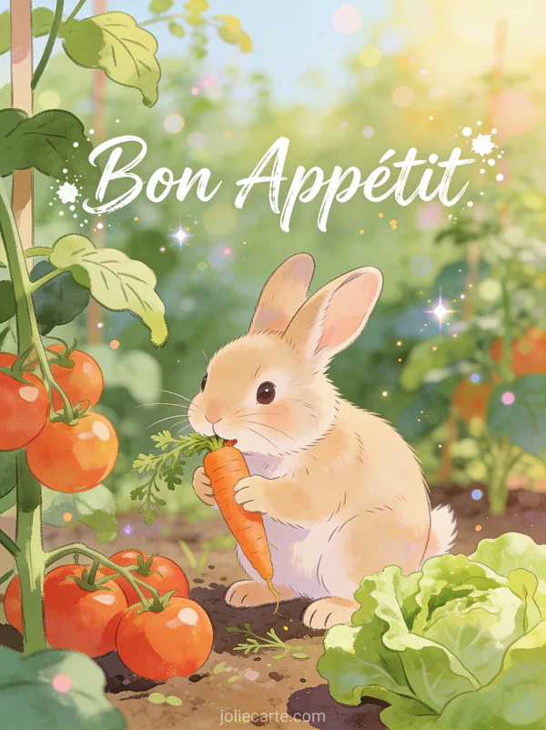 Lapin mignon grignotant une carotte dans un potager avec tomates et laitue par une journée ensoleillée avec texte Bon Appétit calligraphié