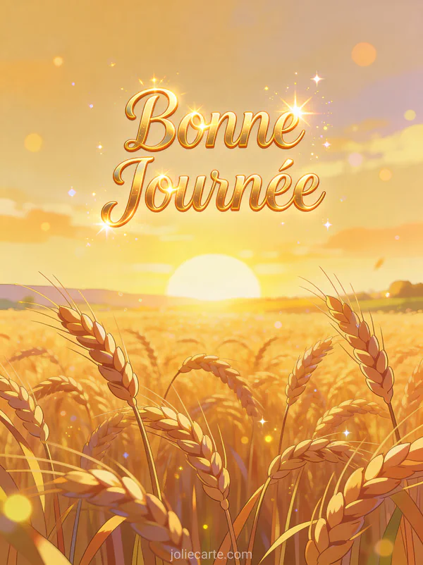 Lever de soleil doré sur un champ de blé à la campagne avec le texte Bonne Journée