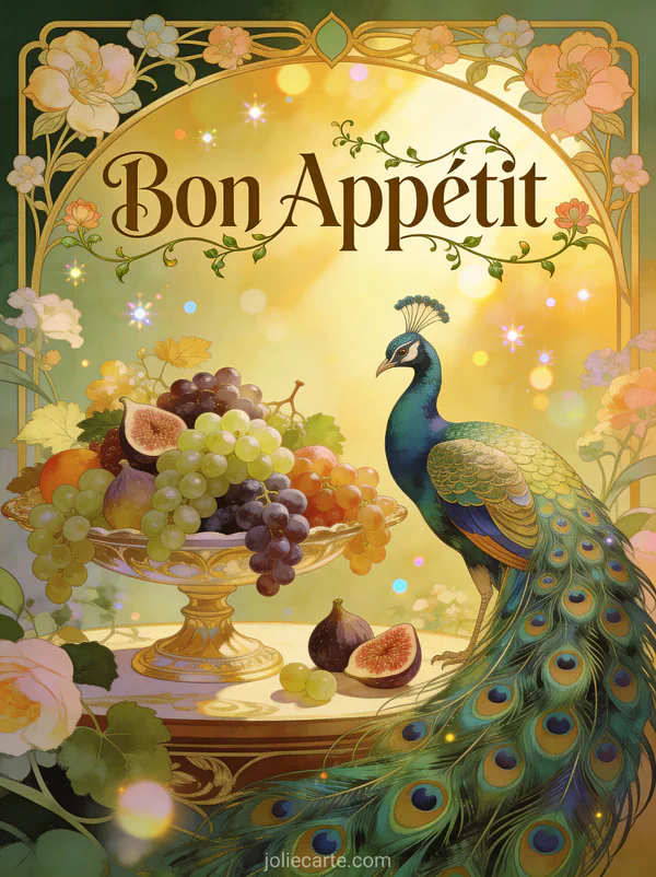 Paon déployant ses plumes près d'un plateau de raisins et figues dans une lumière dorée avec texte Bon Appétit art nouveau