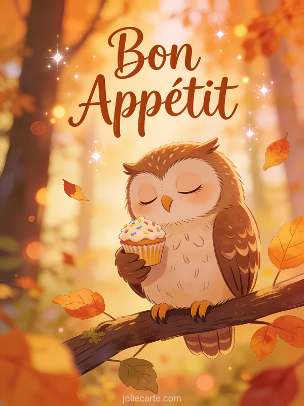 Hibou mignon sur une branche tenant un petit cupcake dans une forêt d'automne avec feuilles tombantes style illustration avec texte Bon Appétit