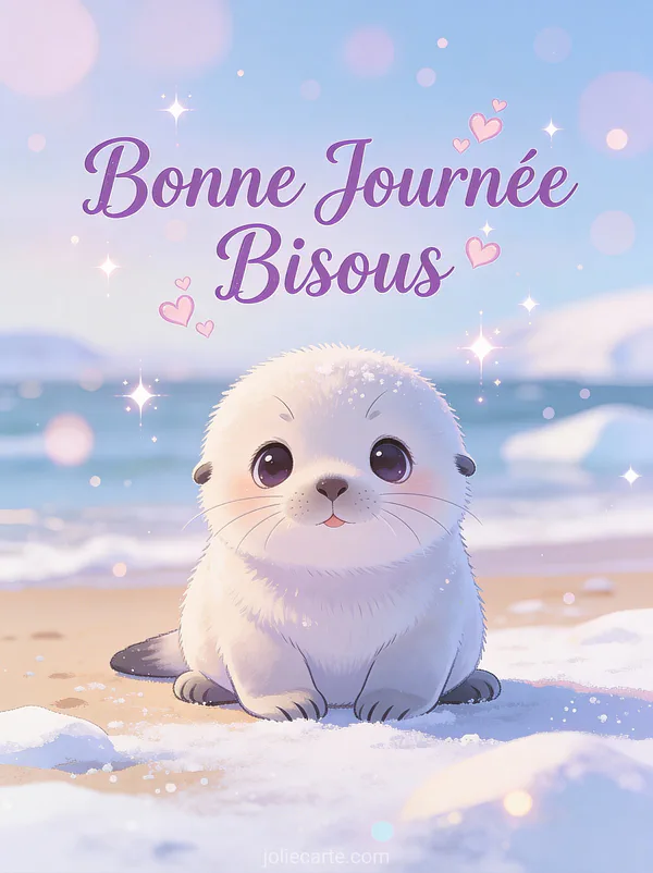 Bébé phoque aux grands yeux tendres sur plage enneigée avec le texte Bonne Journée Bisous