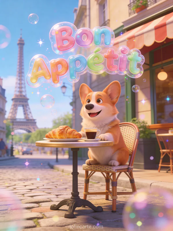 Corgi joyeux assis à une petite table de café avec croissant et espresso dans une rue parisienne style 3D avec texte Bon Appétit coloré