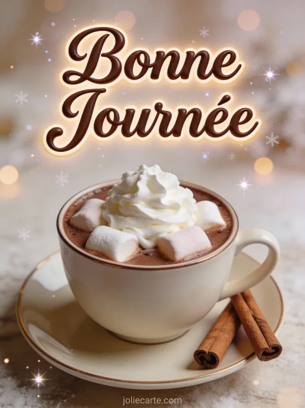 Chocolat chaud avec crème fouettée marshmallows et cannelle avec le texte Bonne Journée