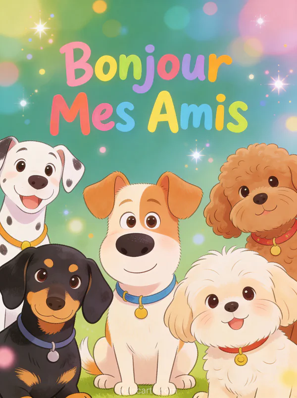 Groupe de chiots de différentes races assis ensemble avec le texte Bonjour Mes Amis