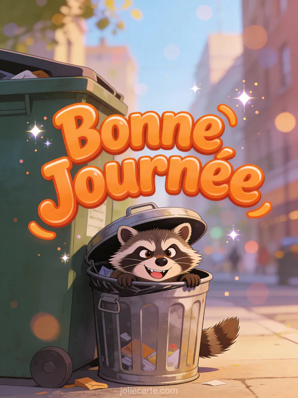 Raton laveur malicieux sortant d'une poubelle avec un sourire espiègle et le texte Bonne Journée