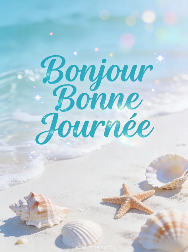 Coquillages et étoiles de mer sur plage de sable blanc avec vagues douces et le texte Bonjour Bonne Journée