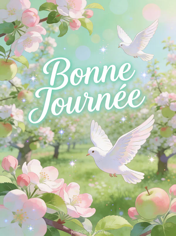 Colombes blanches survolant un verger de pommiers en fleurs au printemps avec le texte Bonne Journée