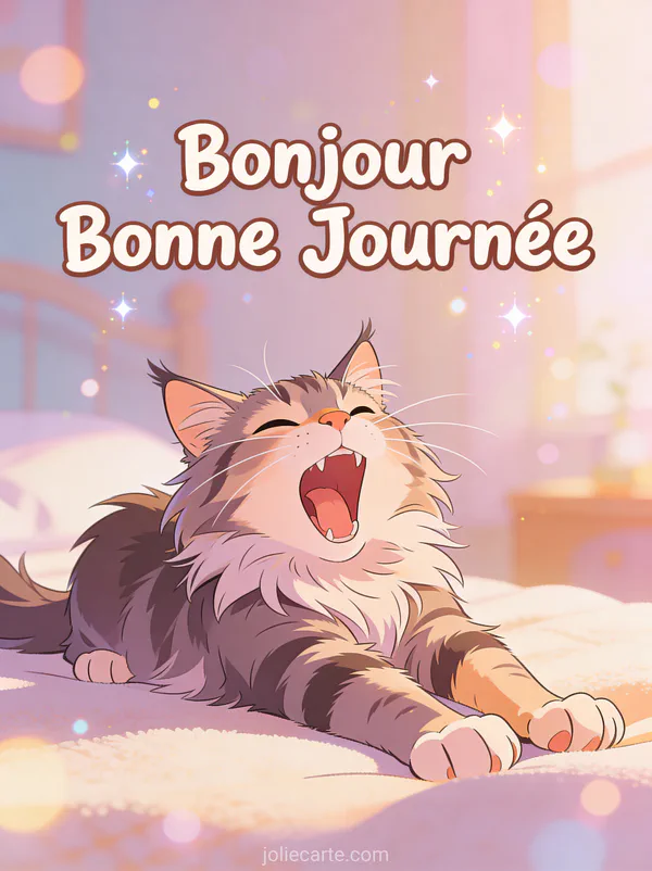 Chat maine coon duveteux qui s'étire et baille au réveil avec le texte Bonjour Bonne Journée