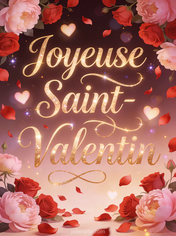 Texte Joyeuse Saint-Valentin en lettres dorées entouré de pétales de roses rouges et pivoines roses avec des cœurs lumineux