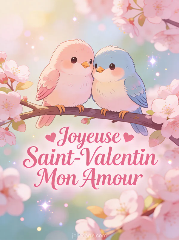 Texte Joyeuse Saint-Valentin Mon Amour avec deux oiseaux amoureux sur une branche de cerisier en fleurs style illustration