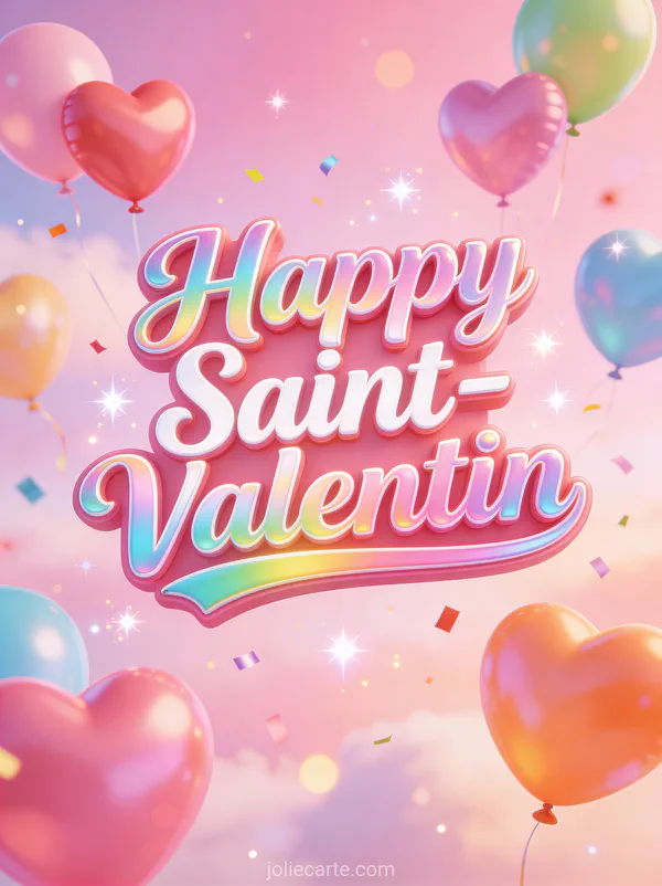 Texte Happy Saint-Valentin avec ballons colorés en forme de cœur flottant dans un ciel rose avec confettis