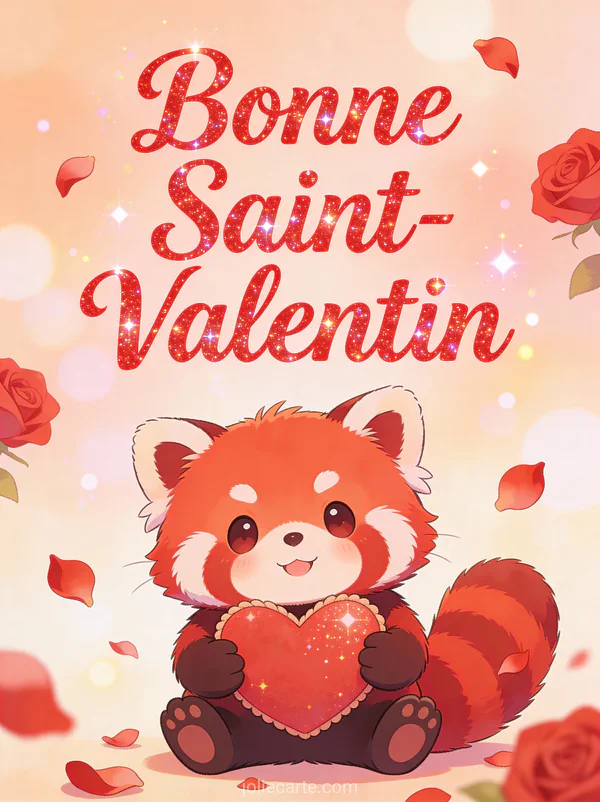 Gif Bonne Saint-Valentin avec panda roux tenant un coussin en forme de cœur entouré de pétales de roses