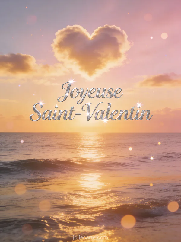Gif Joyeuse Saint-Valentin avec coucher de soleil romantique sur océan et nuage en forme de cœur