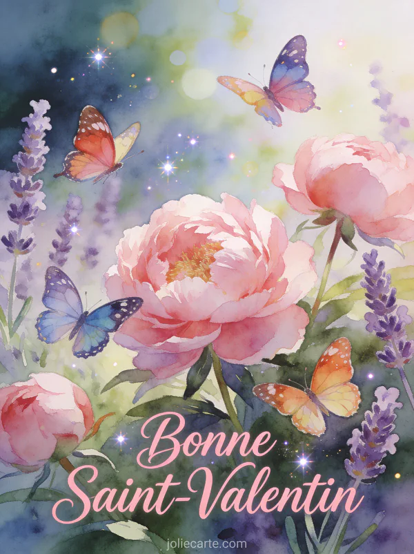Image Bonne Saint-Valentin avec papillons colorés dansant autour de pivoines roses et lavande