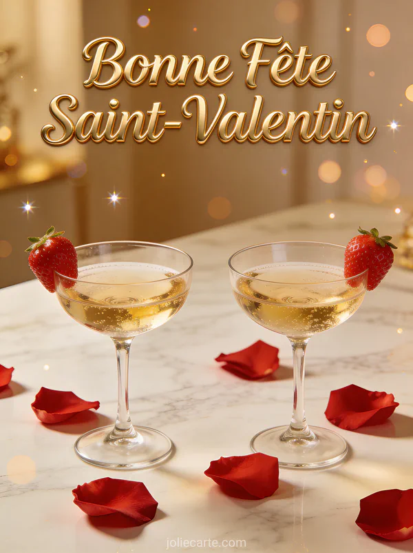 Bonne Fête Saint-Valentin avec coupes de champagne aux fraises et pétales de roses sur marbre
