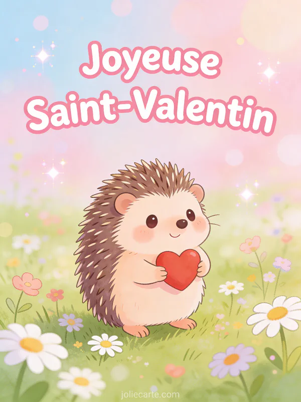 Texte Joyeuse Saint-Valentin avec hérisson mignon portant un cœur rouge dans une prairie de marguerites