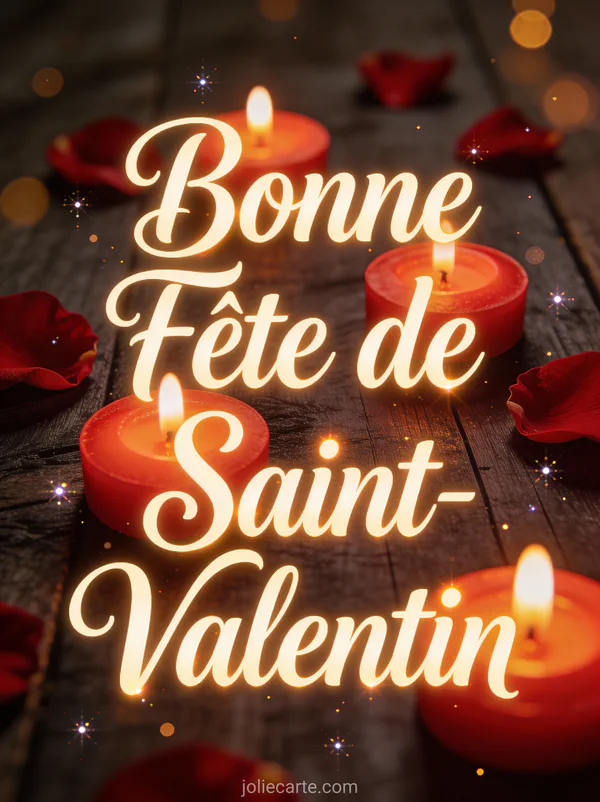 Bonne Fête de Saint-Valentin avec bougies rouges allumées et pétales de roses sur bois sombre