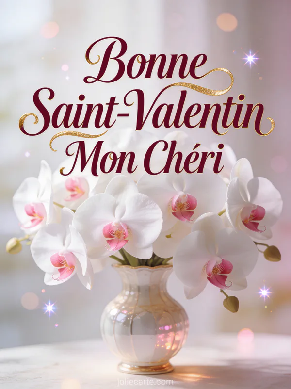 Bonne Saint-Valentin Mon Chéri avec orchidées blanches et roses dans un vase élégant