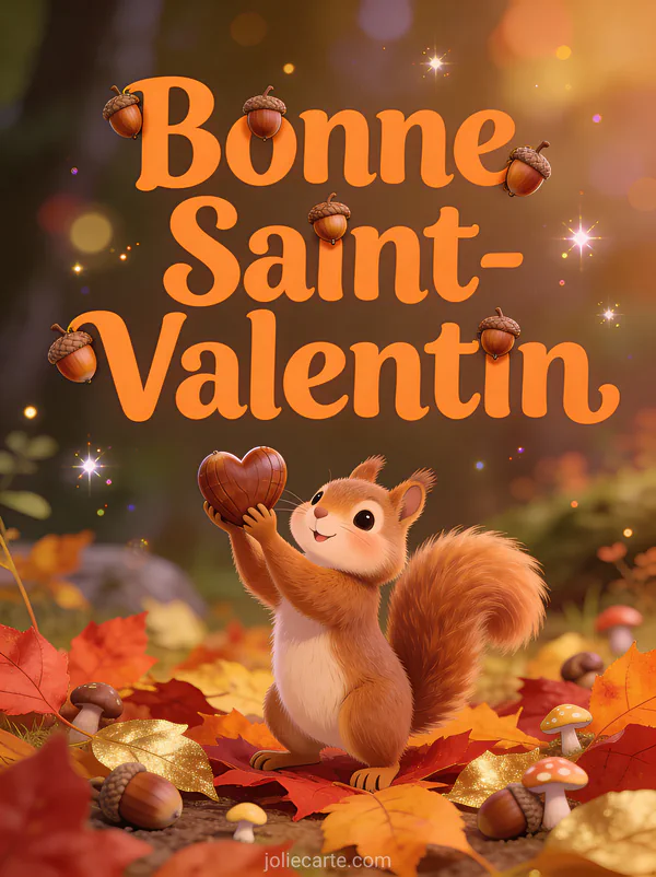 Gif Bonne Saint-Valentin avec écureuil offrant un gland en forme de cœur dans un décor automnal