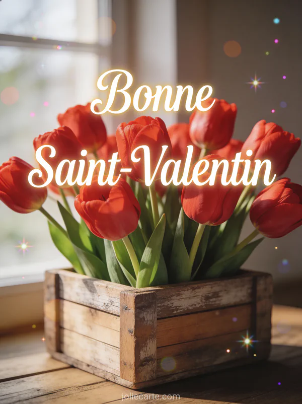 Bouquet de tulipes rouges dans une boîte en bois rustique avec le texte Bonne Saint-Valentin en lettres élégantes