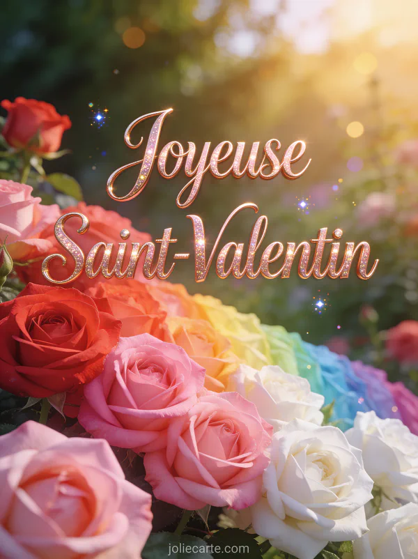 Carte Joyeuse Saint-Valentin avec arrangement de roses en dégradé du rouge au rose au blanc