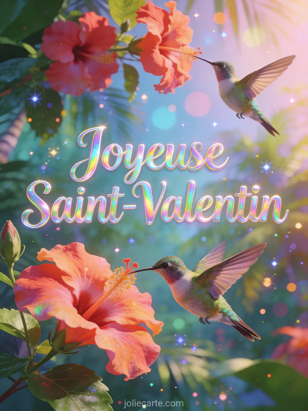Gif animé Joyeuse Saint-Valentin avec colibris butinant des hibiscus dans un décor tropical