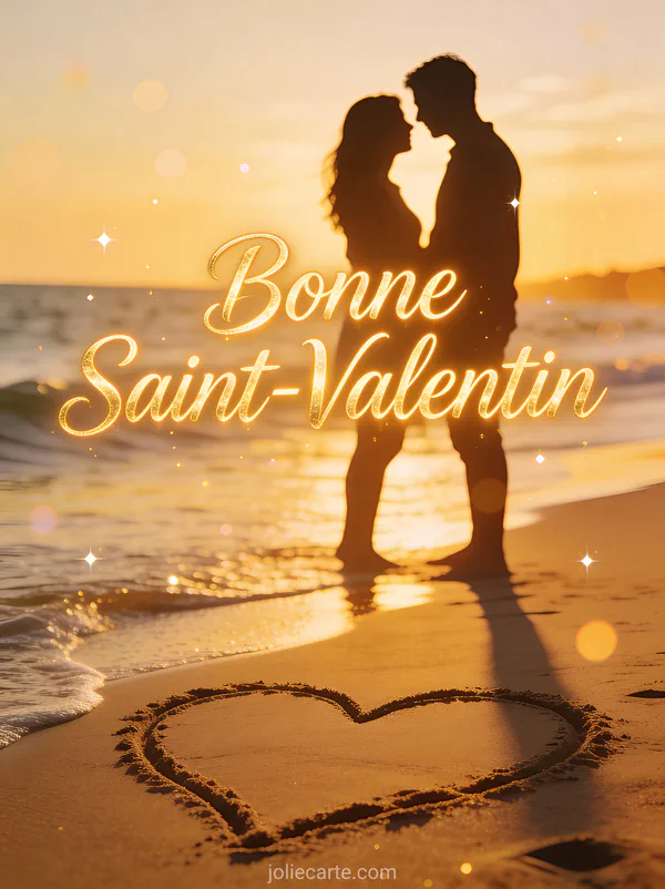 Gif animé Bonne Saint-Valentin avec silhouette de couple sur plage au coucher de soleil et cœur dans le sable