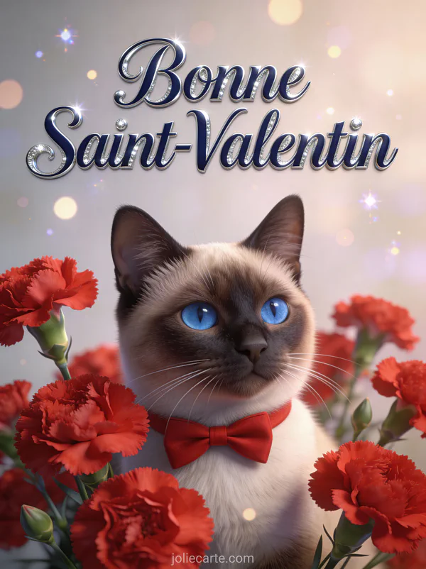 Images Bonne Saint-Valentin avec chat siamois aux yeux bleus portant un nœud papillon rouge parmi les œillets