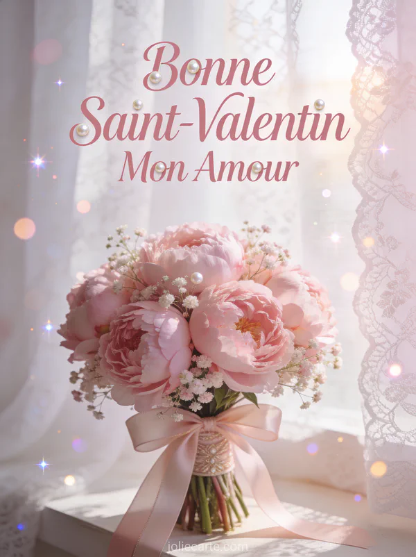 Image Bonne Saint-Valentin Mon Amour avec bouquet de pivoines roses et gypsophile dans la lumière du matin
