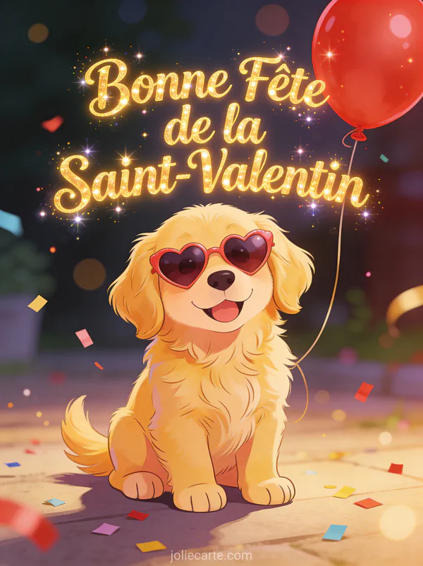 Bonne Fête de la Saint-Valentin avec chiot golden retriever aux lunettes en forme de cœur et ballons