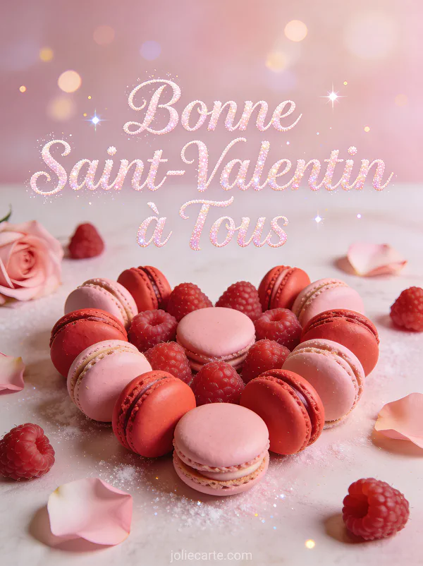 Bonne Saint-Valentin à Tous avec macarons roses et rouges en forme de cœur avec framboises et pétales de roses