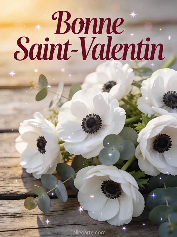 Carte Bonne Saint-Valentin avec anémones blanches à cœur noir et eucalyptus sur fond bois rustique