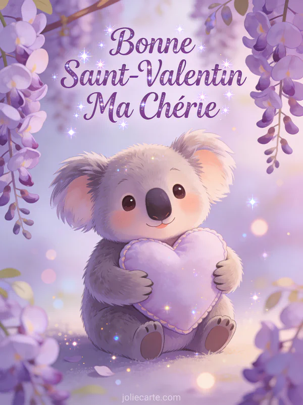 Bonne Saint-Valentin Ma Chérie avec koala mignon serrant un coussin cœur parmi les glycines