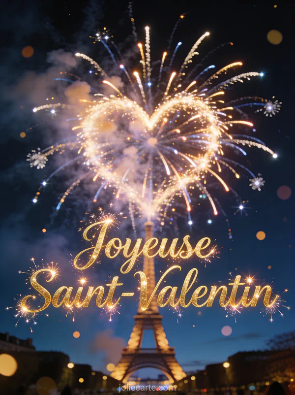 Gif Joyeuse Saint-Valentin avec feux d'artifice en forme de cœur dans le ciel de Paris et Tour Eiffel